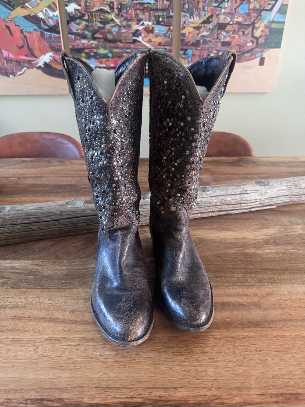Frye Deborah Embellished Brown Leather Cowboy Boots - Picture 2 of 6
